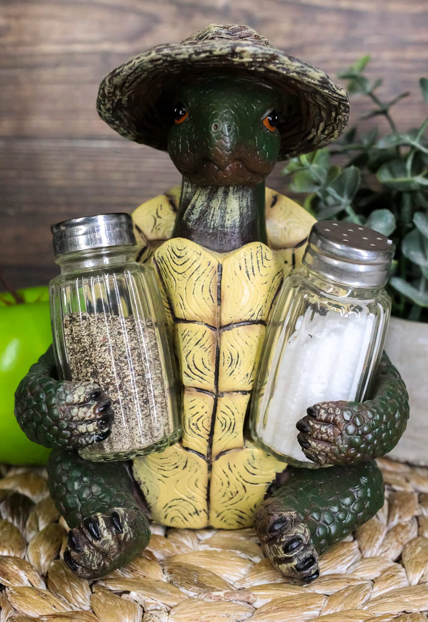 Ebros Slow Seasons Outdoors Camping Turtle With Wicker Hat Salt And Pepper Shakers Holder Figurine 7"H Turtles Tortoise Tortoises Themed Decor Animal Reptile Ocean Nautical Sea River Animal Sculpture