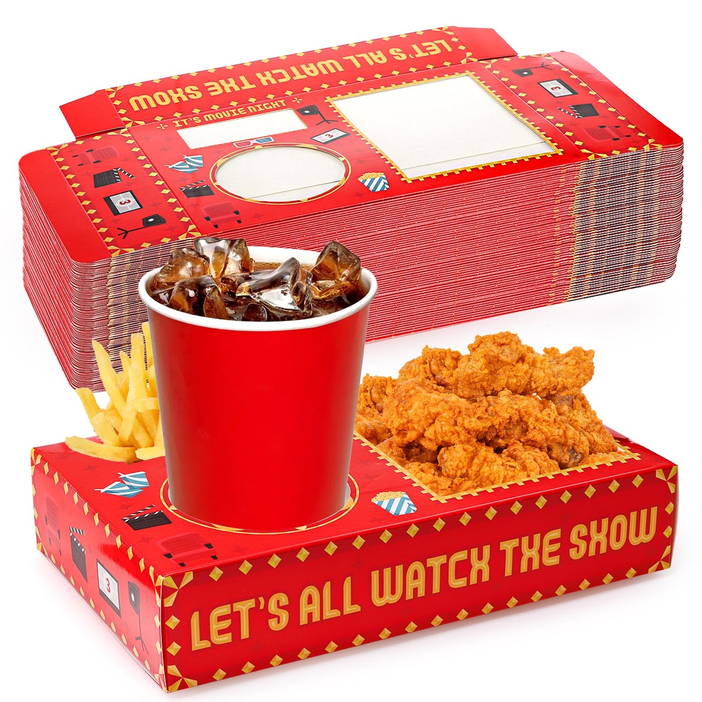 Bekith 50Pcs Movie Night Snack Trays Hold Popcorn Candy Food Drink, Disposable Paper Snack Boxes Movie Night Party Favors, Movie Night Supplies for Movie Theater Family Birthday Party, Red