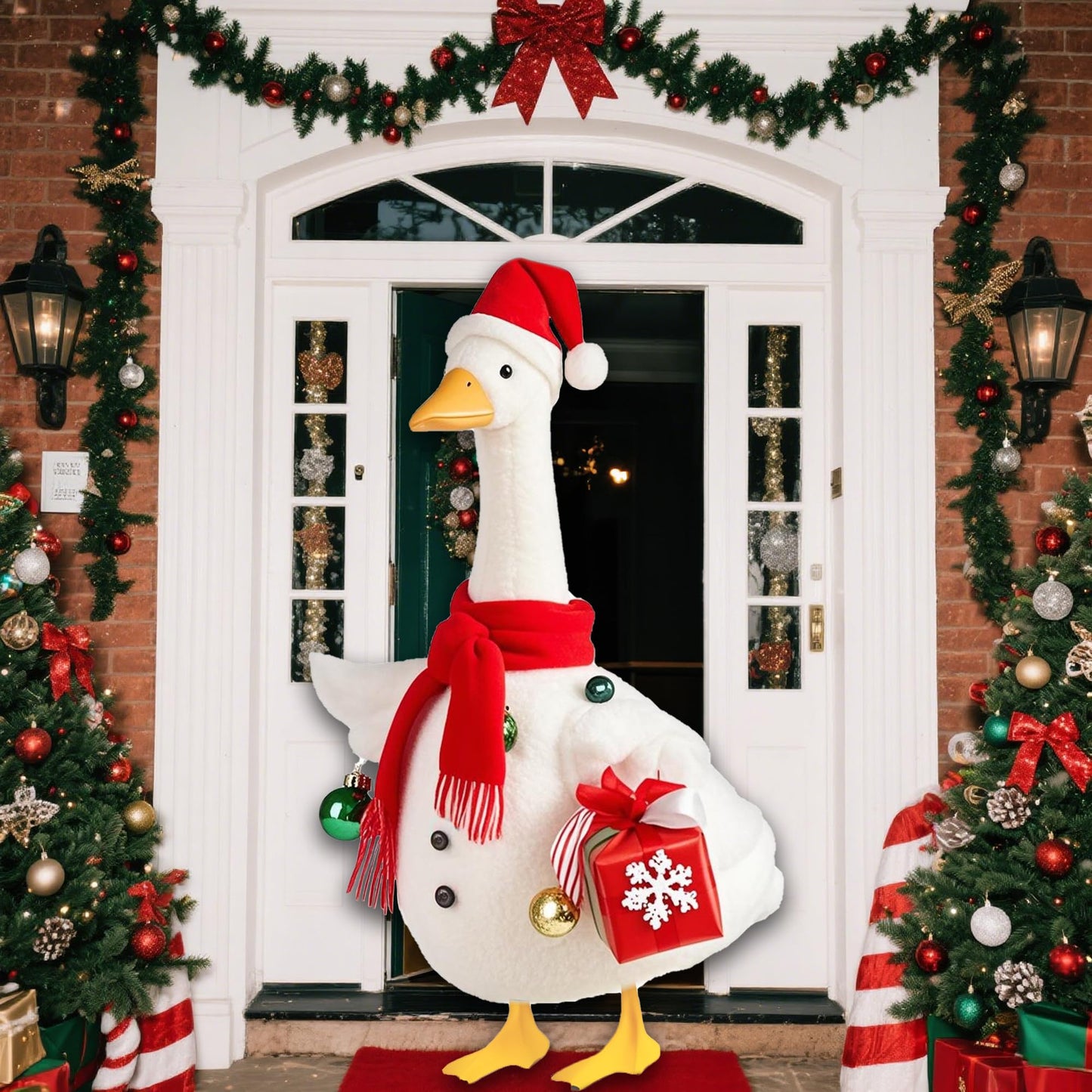 Lodaxu Christmas Snowman Porch Goose Outfits for Large 23" High Cement or Plastic Goose Statue, Yard Goose Cloths with Christmas Hat and Snowflake Gift Box Decor for Outdoor Lawn Gaden Patio