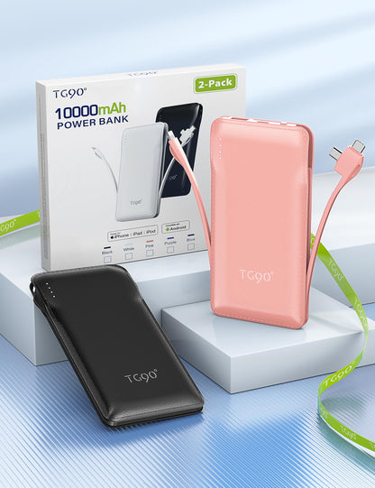 TG90° Portable Charger 10000mah Cell Phone Battery Backup, Ultra Slim Power Bank with Built in Lightning and USB-C Cable, Portable Phone Charger Battery Packs Compatible with iPhone Android Phones