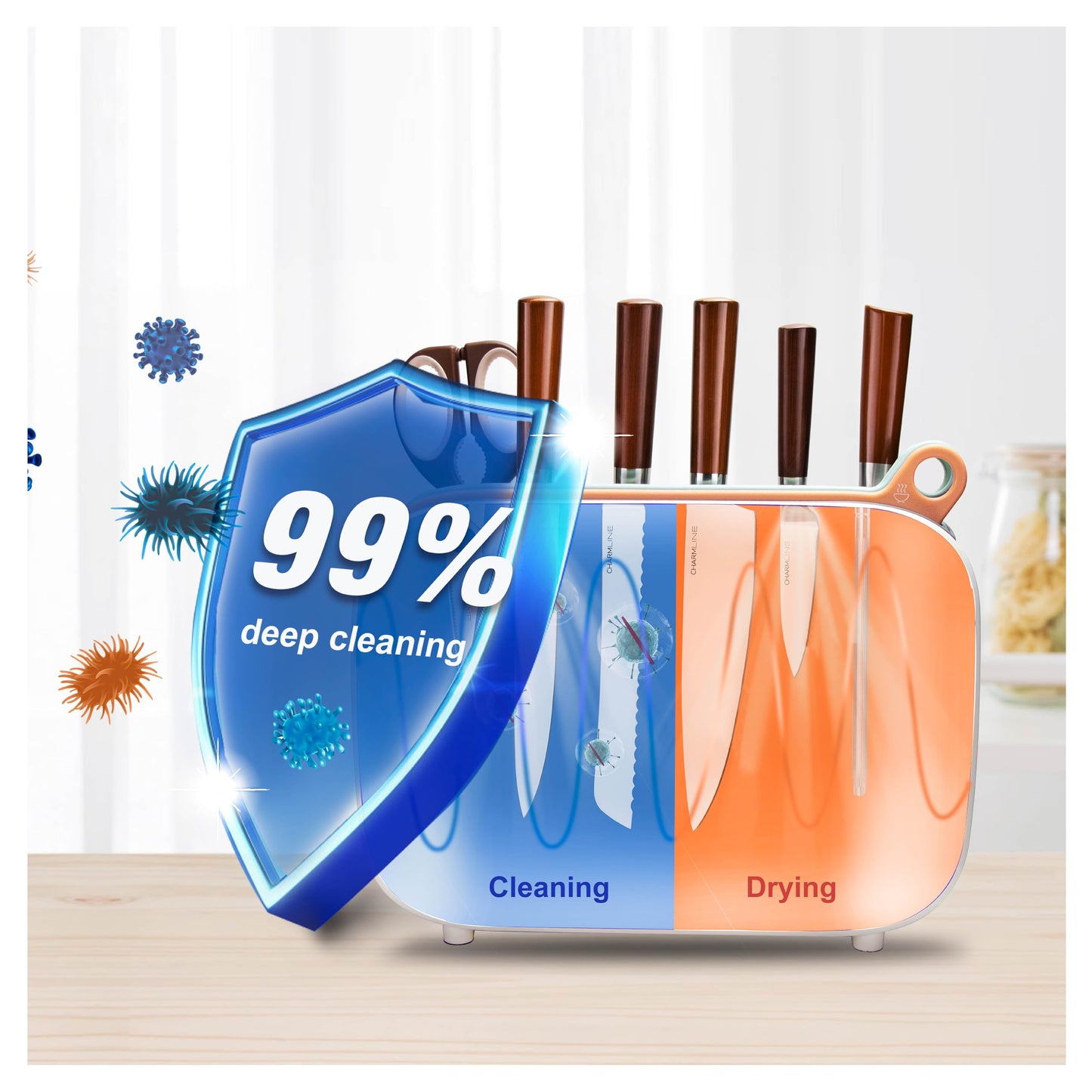 Charmline Smart Cutting Board and Knife Set with Holder, Double Cleaning and Drying Function, Space Saving Smart Home Gadgets, Keeping Kitchen Clean and Tidy, Brown
