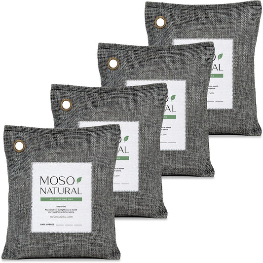 Moso Natural Air Purifying Bag 200g (4 Pack). A Scent Free Odour Eliminator for Cars, Closets, Bathrooms, Pet Areas. Premium Moso Bamboo Charcoal Odour Absorber. (Charcoal Grey)
