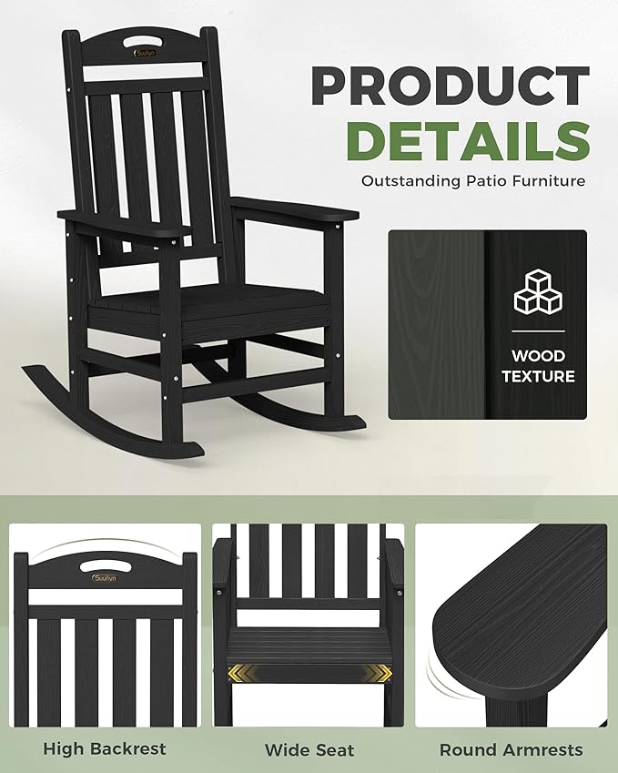 Oversized Outdoor Rocking Chairs Set of 2, High Back Porch Rocking Chair, HDPE All Weather Resistant Rocking Chairs for Patio, 380lbs Weight Capacity, Black