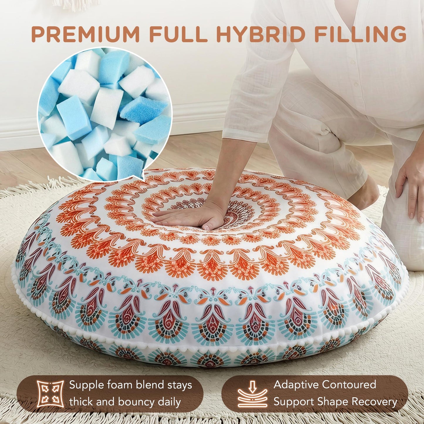 Codi Floor Pillows for Adults & Teens Set of 2, Large Boho Meditation Cushions with Memory Foam, Round Mandala Seating for Yoga, Home Office, Dorm Room, Washable, 32 Inch, Coral
