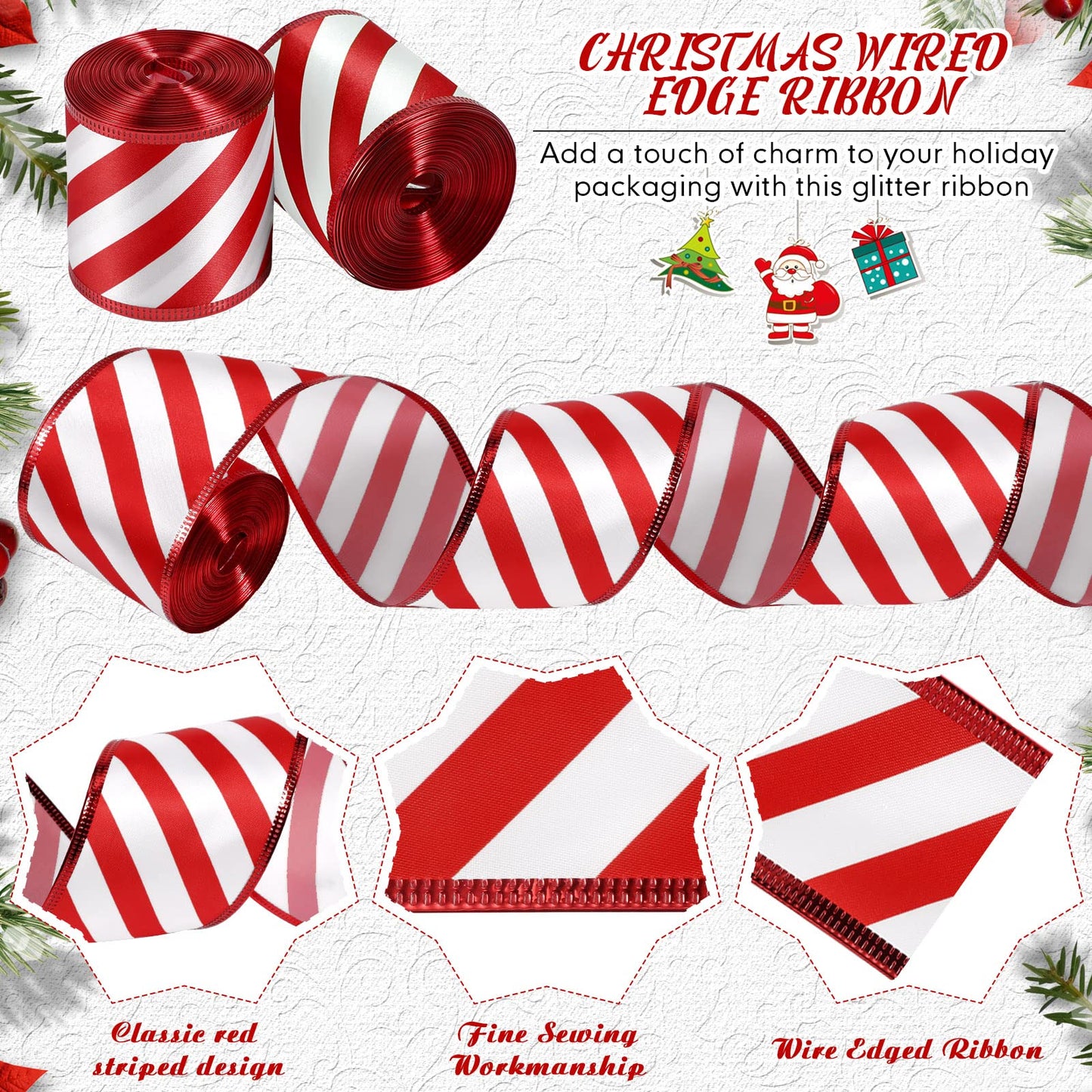 Hanaive 2 Rolls Ribbons for Christmas Tree Wired Ribbon Satin Stripes Edge Wrapping for Crafts DIY Gift Party Garden Home Garland Bows Ornament Decor(1.5 Inch x 10 Yards,Red White)
