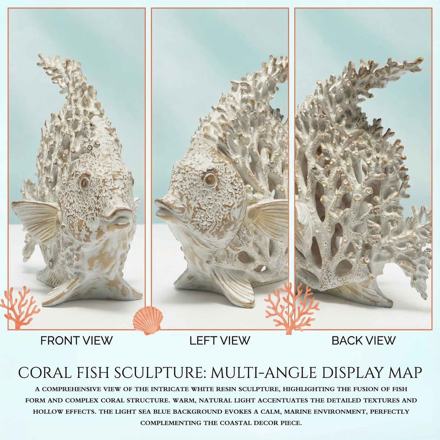 BGBWBFBR Coral Reef Angelfish Statue Coastal Beach Decor Ocean Nautical Figurine for Bathroom Home Office Tabletop Shelf 10in x 9.8 in Pearlescent Dusty Lavender Gray Fish Sculpture