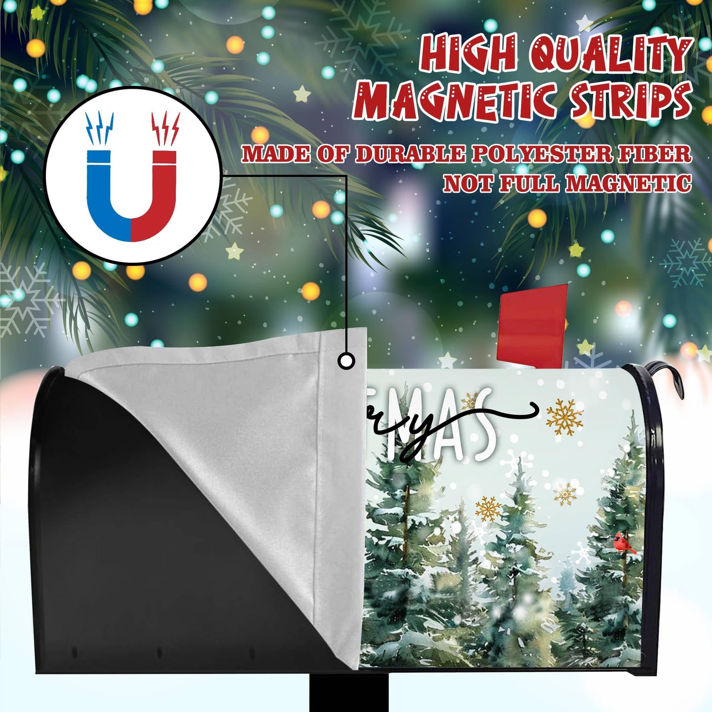 Merry Christmas Mailbox Cover - Magnetic Standard Size 18" X 21" - Christmas Dark Green Pine Trees Cardinal Birds Snowflake Mailbox Cover Decor for Home Garden Yard Post Letter Box