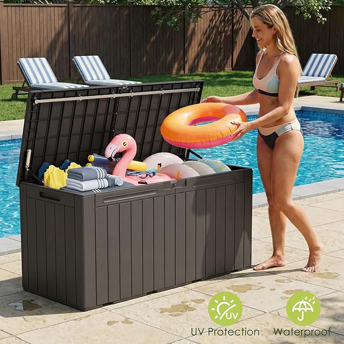 Devoko 100 Gallon Outdoor Storage Box, Waterproof Resin Deck Box for Patio Furniture, Lockable Container for Garden Cushions & Pool Supplies (Brown, 100 Gallon)