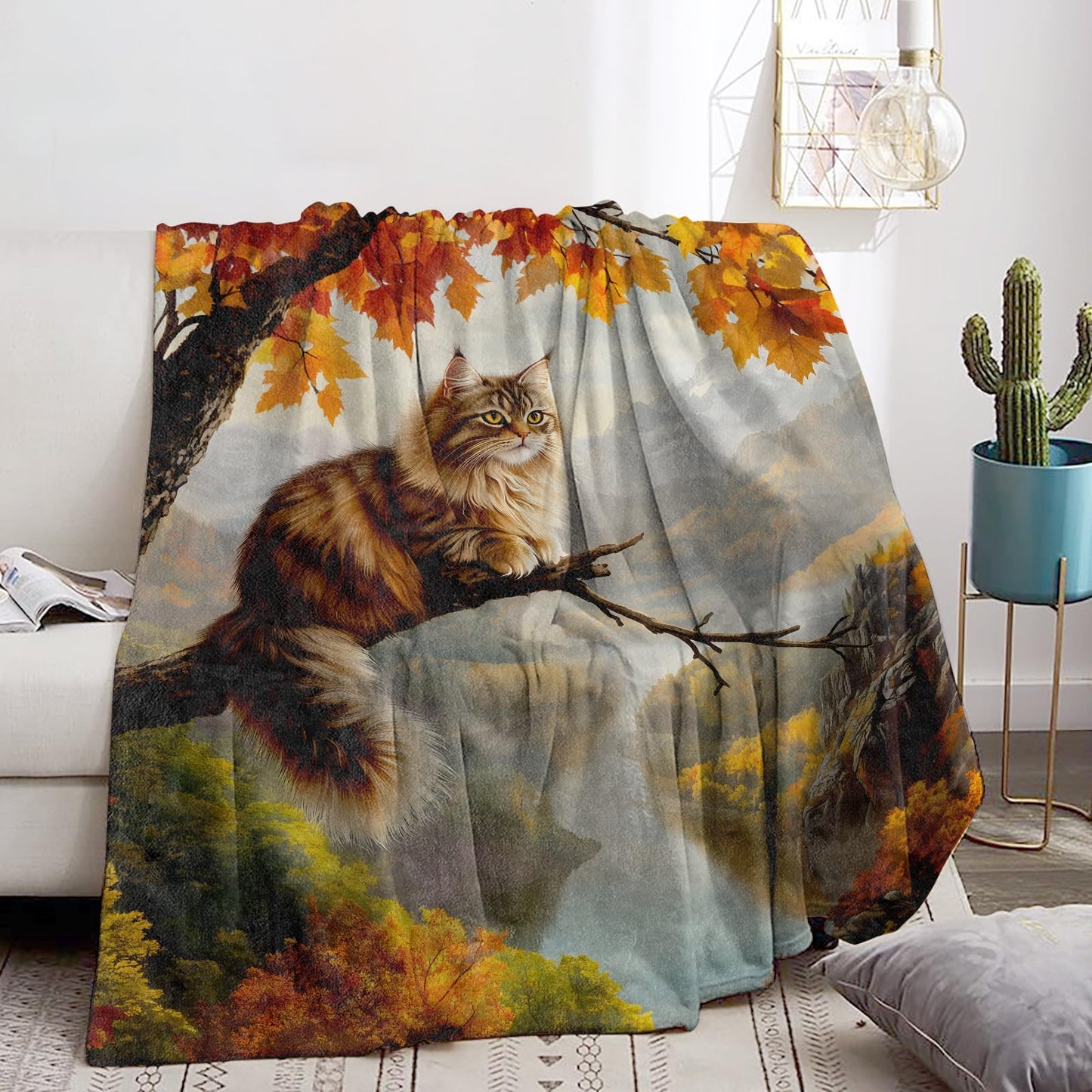 Bidesk Adorable Cat Blanket Soft Flannel Kitten Throw Blanket with Maple Leaves, Cozy & Warm Yet Lightweight Blankets for Travel, Couch, Bed, for Men Women Adults, Fuzzy Outdoor Comfort Wrap 60"×50"
