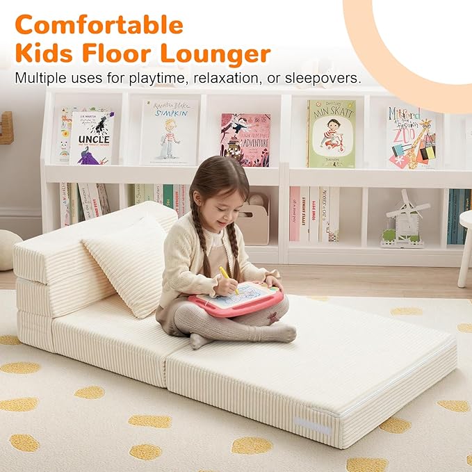 MeMoreCool Folding Sofa for Kids, Corduroy Fold Out Futon Chair, Small Foldable