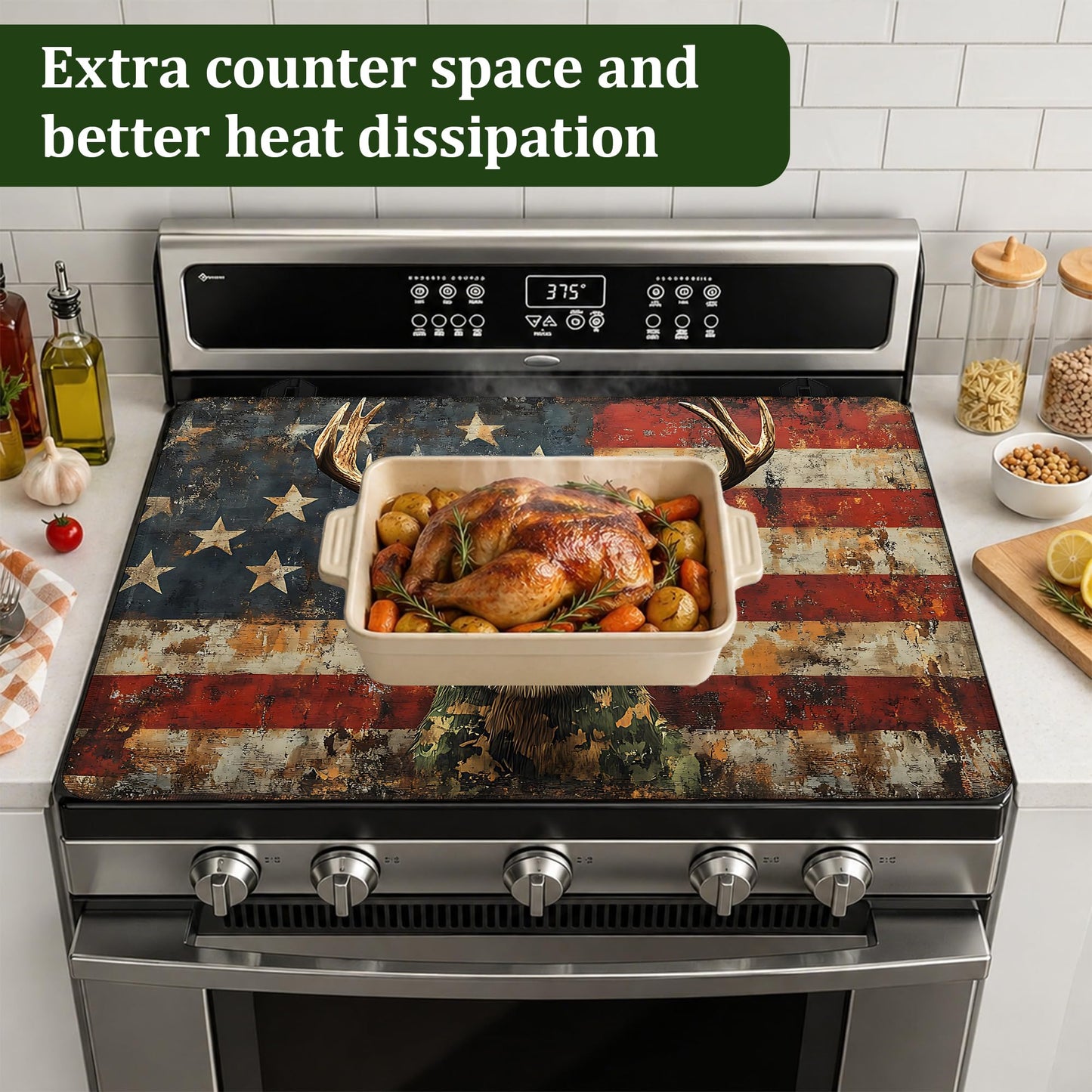 American Flag Electric Stove Top Cover Protector,Grunge Deer Glass Flat Top Stove Mat,Heat-Resistant Oven Induction Cooktop Mat for Ceramic Countertop Mats Dish Drying Mat