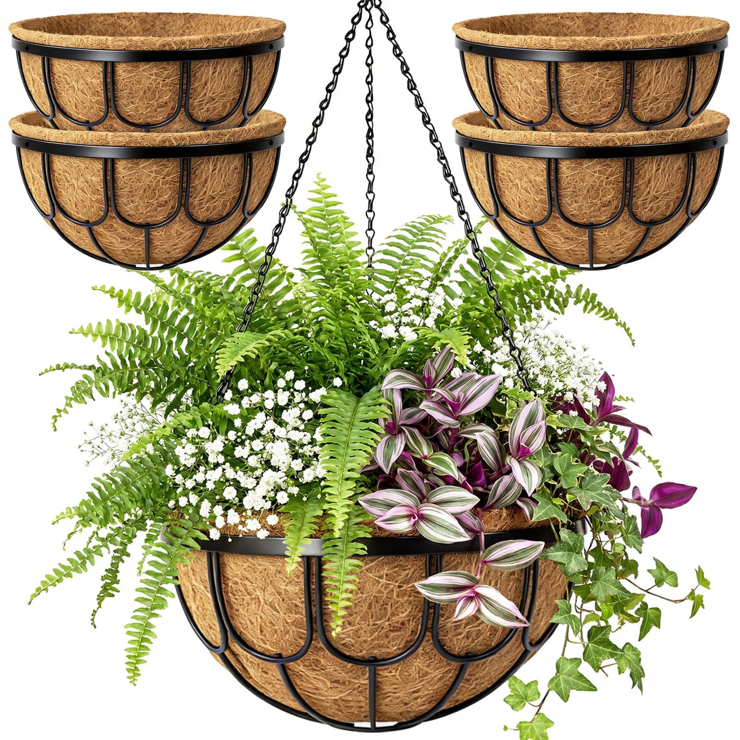 MUYEZHIYU 4 Pack 14 Inch Hanging Planters for Outdoor Plants, Black Metal Wire Hanging Flower Baskets with Coco Coir Liner, Large Hanging Plant Pots for Garden, Patio, Balcony, Indoor Home Decor