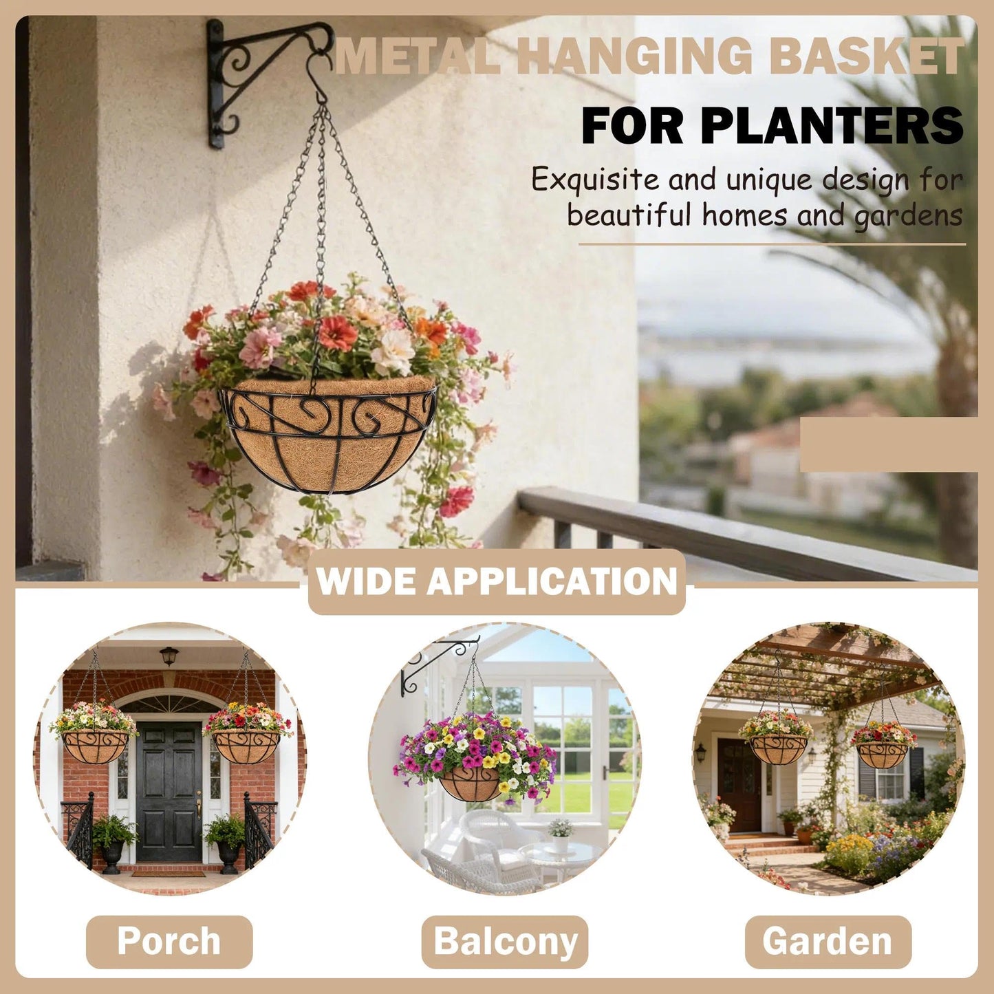 KIDYBELL Metal Hanging Planters Basket Set of 4 Outdoor with Coco Fiber Liners Chain Hanging Basket Suitable for Vegetables Flower Heavy Duty Round Plant Holder Garden Balcony Patio Deck Porch Decor