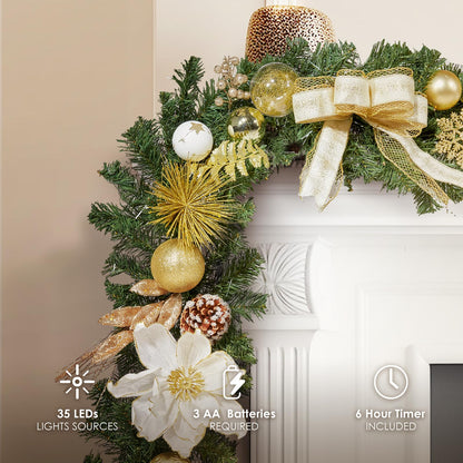 WBHome Pre-lit 6 Feet/72 Inch Christmas Garland, White & Gold Lighted Garland with 35 LED Lights for Indoor Outdoor Xmas Decor Holiday Decorations, Battery Operated (Batteries NOT Included)