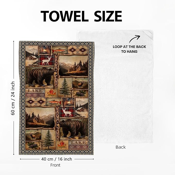 Vintage Rustic Kitchen Towel Set of 4, Lodge Bear Mountain Dish Towels
