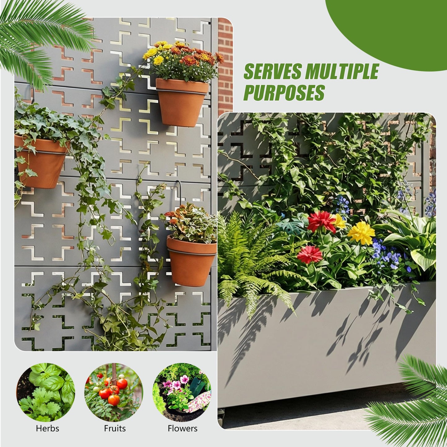 Casaphoria Metal Raised Garden Bed with Trellis and Wheels, 72"x35"x16" Planter Box for Climbing Plants, Vegetables & Vines, Features Drainage Holes and Privacy Screen (Grey-Brick)