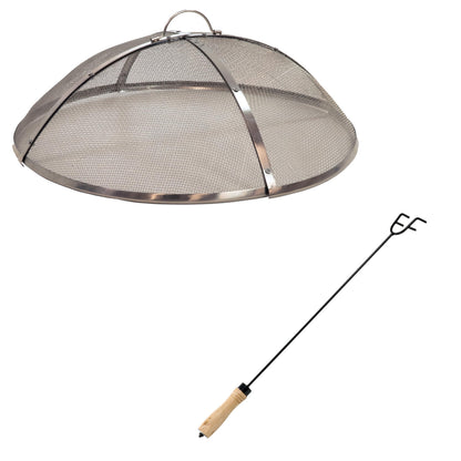Sunnydaze 24” Round Rust-Resistant Stainless Steel Spark Screen with Handle and 26” Steel Fire Pit Poker Stick with Wood Handle