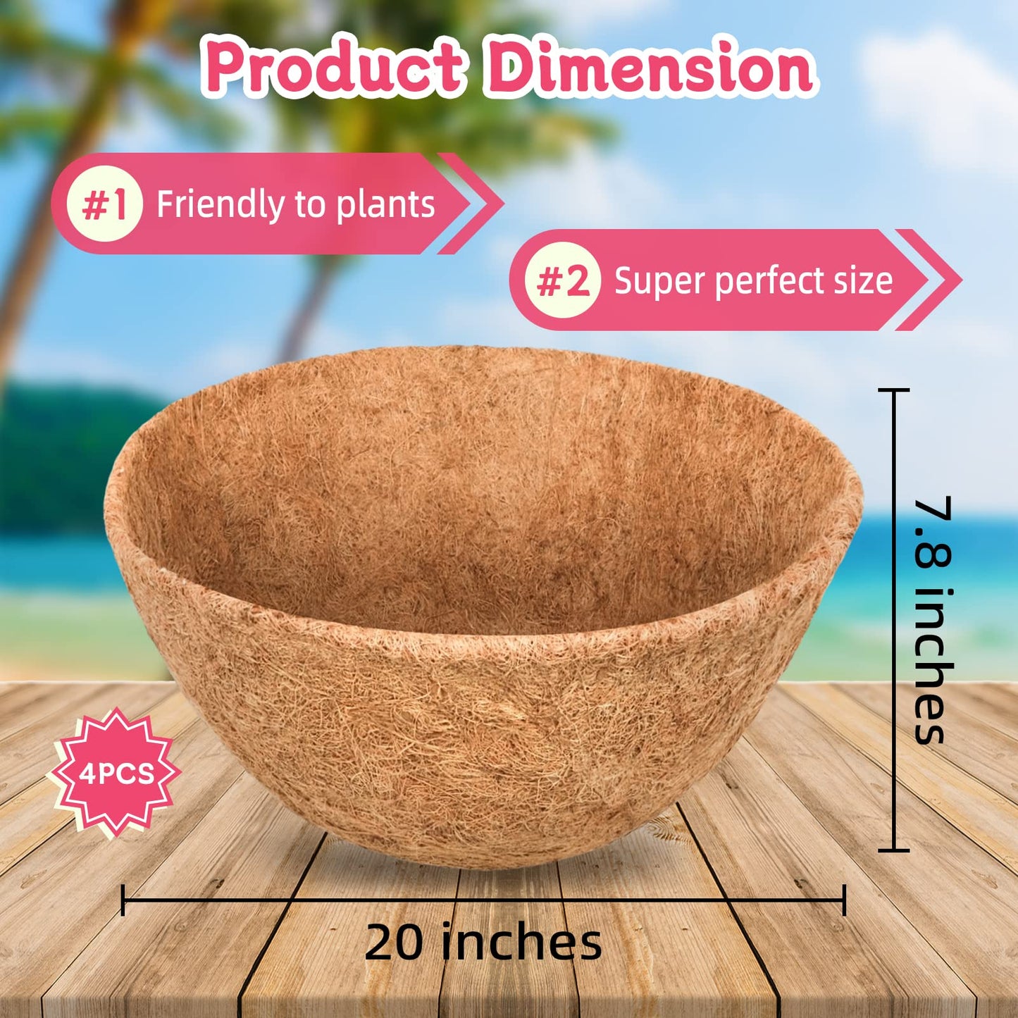 Riare 4 Pack 20 Inch Round Coco Liners Replacement, 100% Natural Coconut Coir Liners for Hanging Baskets, Garden Flower Vegetables Planter Pot, Window Box, Fence, Decks