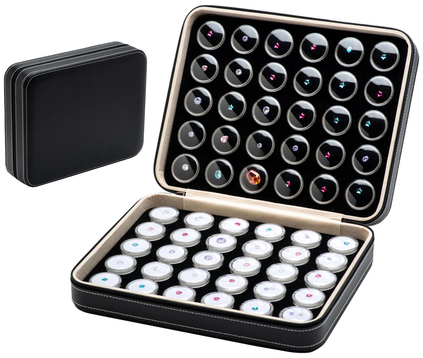 Giftop 60 PCS Gemstone Display Collection Storage Box with Clear Lid for Gems Diamond and PU Leather Black Bag Holder Container (Black-60pcs)