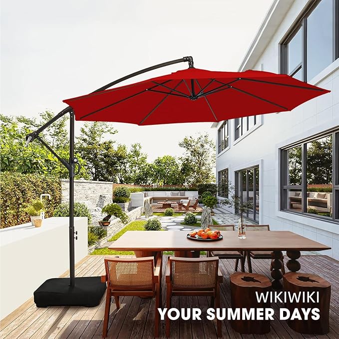 wikiwiki 10ft Patio Umbrella with Base Included, Outdoor Offset Cantilever Umbrella with Sandbag Base for Backyard, Garden and Pool, Easy to Tilt and Crank, Red