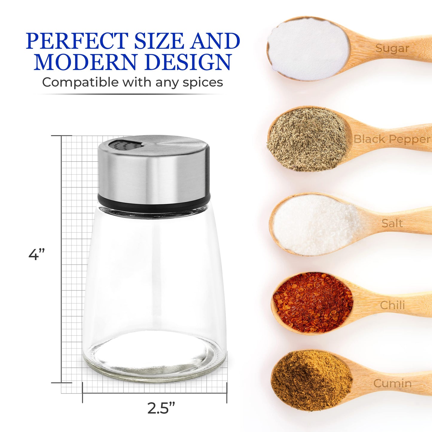Salt and Pepper Shakers Set with Adjustable Pour Holes - Stainless Steel Spice Dispenser - Perfect for Pink Himalayan, Table Salt, Black and White Pepper