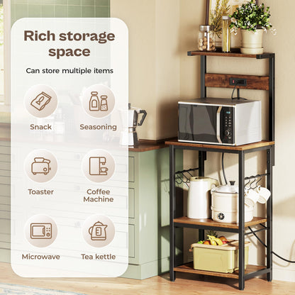 SUPERJARE Kitchen Bakers Rack with Power Outlet, Coffee Bar Table 4 Tiers, Kitchen Microwave Stand with 6 S-shaped Hooks, Storage Shelf Rack for Spices, Pots and Pans - Rustic Brown