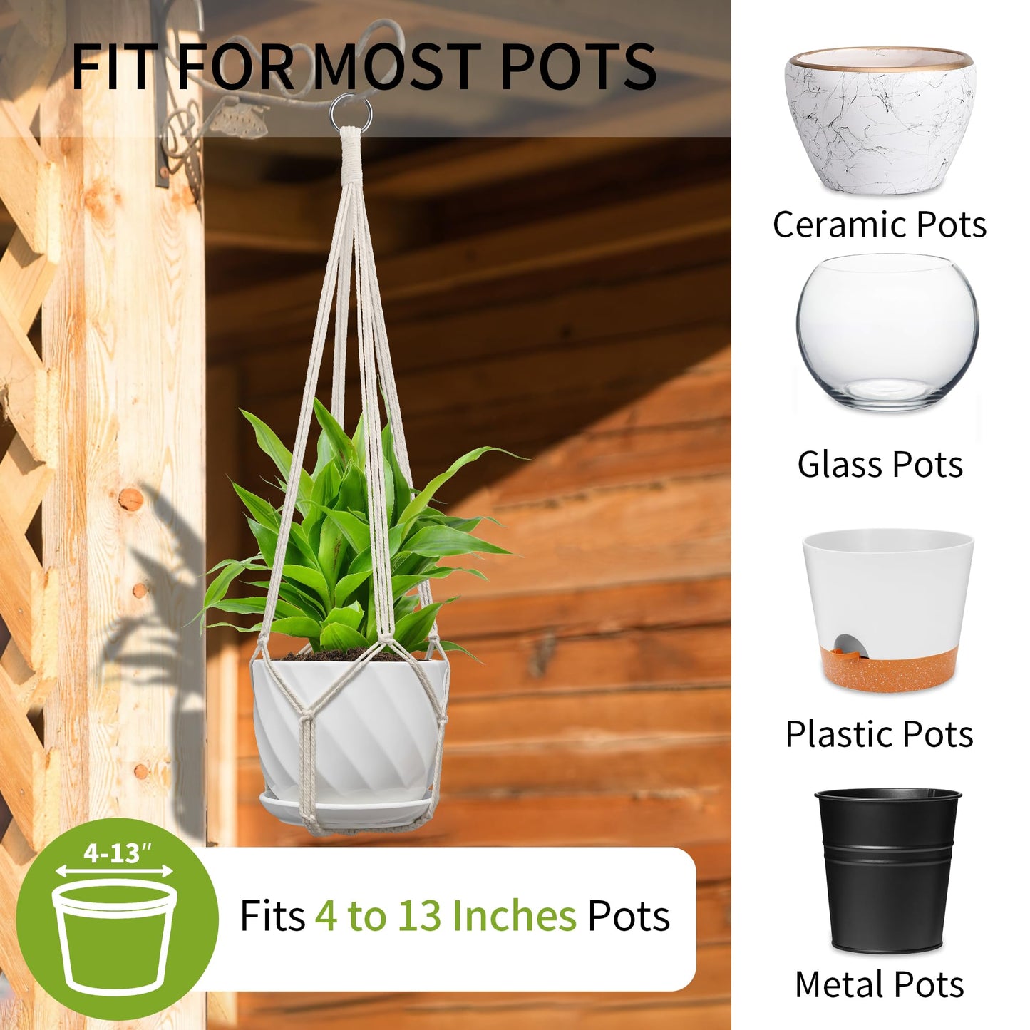 IDEEEPAN Macrame Plant Hanger, Fits 4-13 Inch Pots, Boho Hanging Plant Holder for Indoor Outdoor, 35 Inch, Set of 3, White (No Flowerpot)