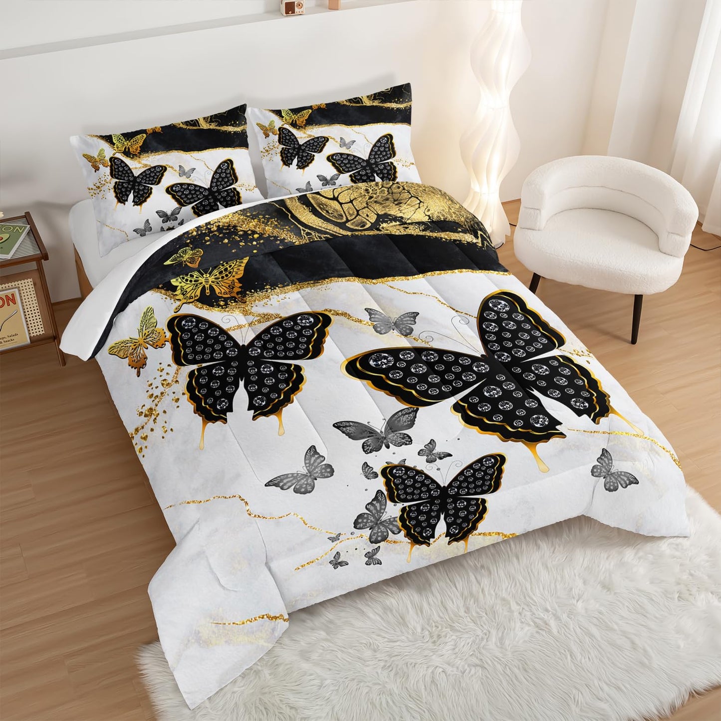 UEVBF Kids Bedding Queen Size Comforter Set,Black and Gold Butterfly Bedding Comforter Sets for Boys Girls Room Decor,Marble Texture Artistic Aesthetic Bedding Sets with 2 Pillowcases.
