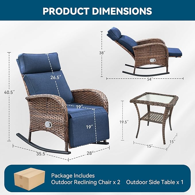 3 Pieces Zero Gravity Wicker Patio Rocking Recliner Chairs Set of 2 - Wicker Outdoor Lounge Chair with Side Table, Adjustable Backrest & Footrest, High Back Outdoor Recliner Chair for Pool Deck Blue