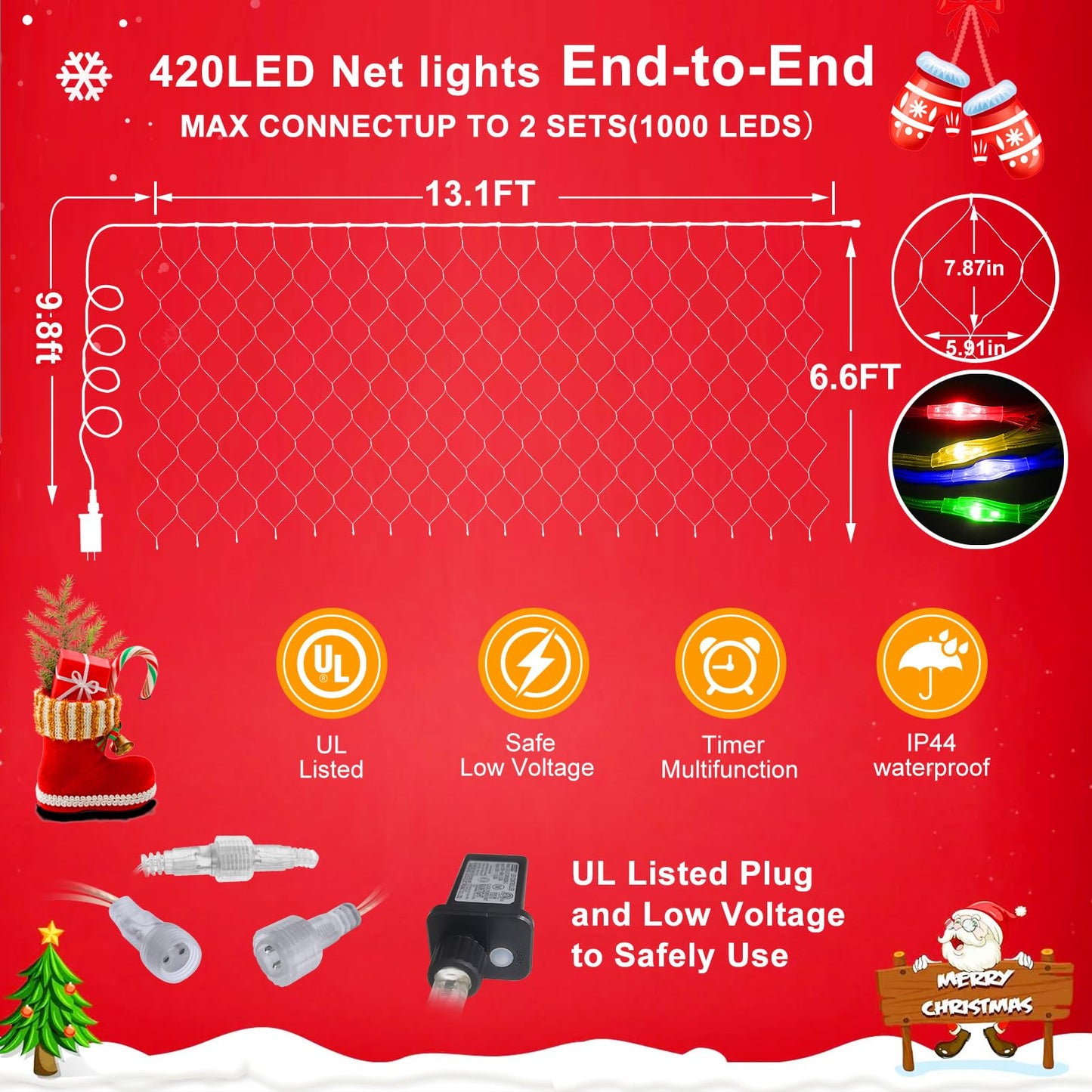 KNONEW Christmas Net Lights 420 LEDs 13ft x 6.6ft Outdoor Mesh Lights Connectable Waterproof 8 Modes & Timer Plug-in Net Fairy Lights for Bushes Garden Party Wedding Holiday,Multicolor