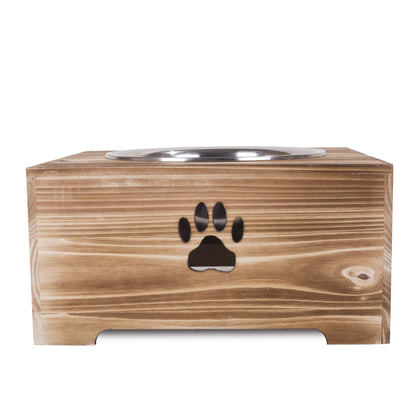 green leaves Dog Food Feeding Stand Station Stainless Raised Bowl Wooden Crate (Large Single Bowl)