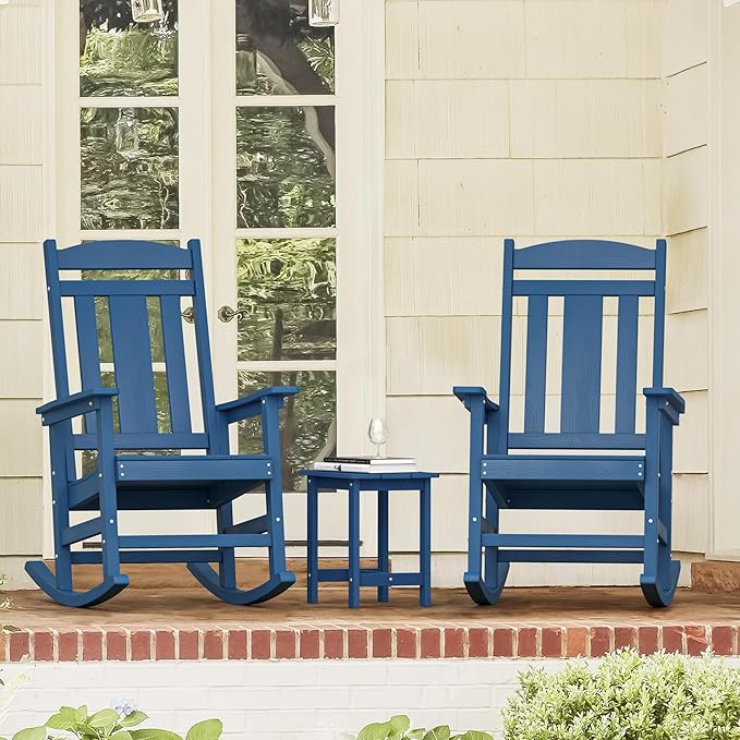 LUE BONA Outdoor Rocking Chairs Set, 3-Piece, HDPS Poly Porch Rockers with Table, Plastic Weather Resistant Rocking Chair Set for Outdoor Indoor, Garden, Backyard, 350lb, Navy Blue Chairs+Table