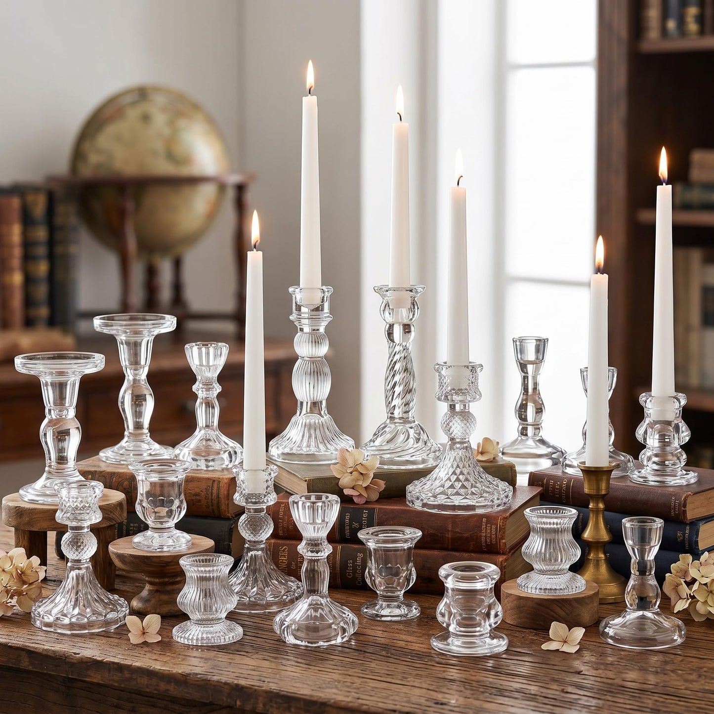 Mumufy 20 Pcs Glass Crystal Taper Candle Holders Clear Glass Candlestick Holder Fit 0.8 Inch Candles Crystal Decorative Candle Stand Centerpiece Table Wedding Dining Party(Clear)