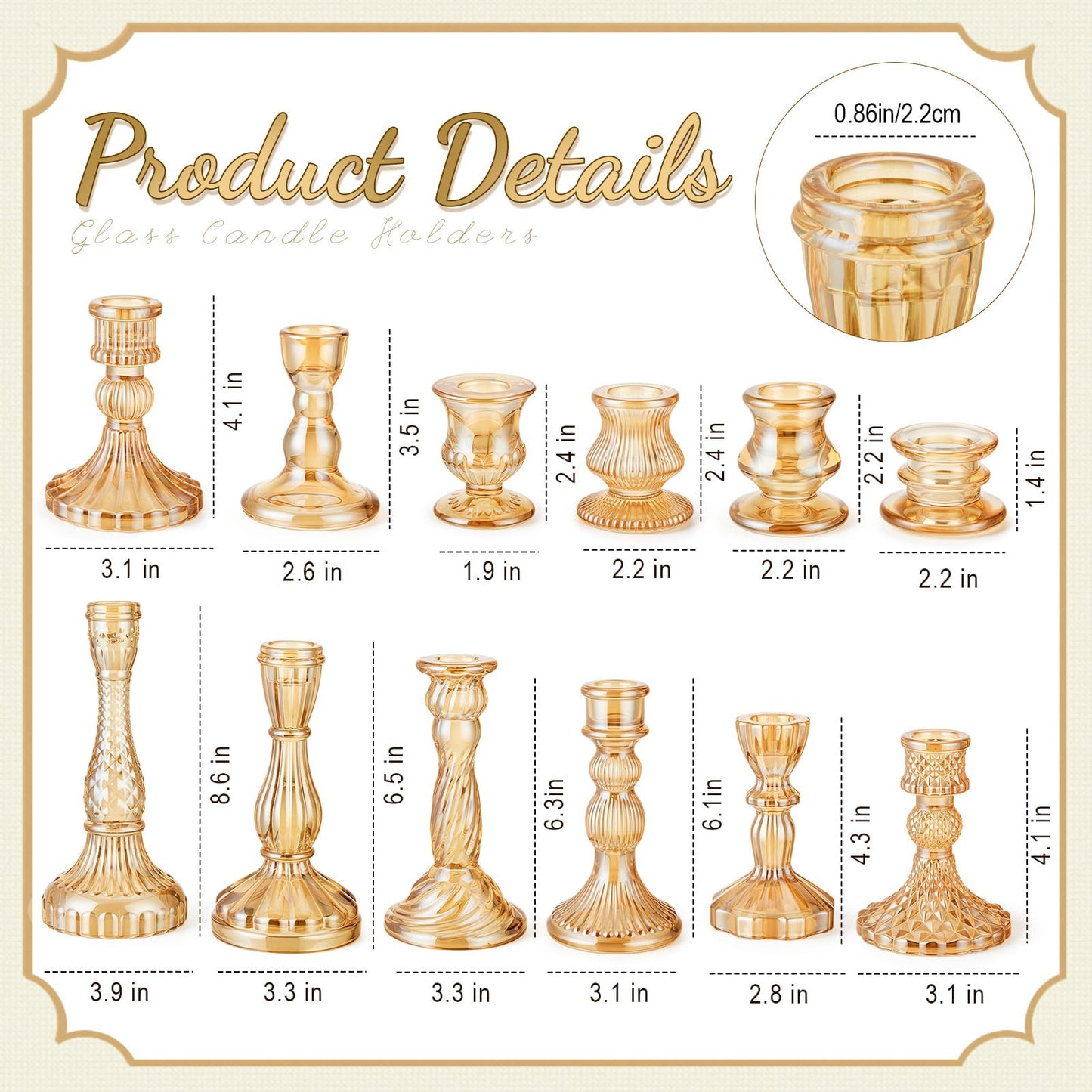 Mumufy 12 Pcs Glass Crystal Taper Candle Holders Gold Glass Candlestick Holder Fit 0.8 Inch Gold Ribbed Taper Candlestick Holders Centerpiece Table Wedding Party