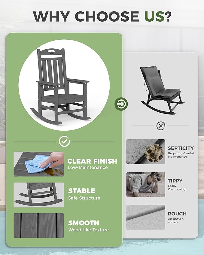 Oversized Outdoor Rocking Chair, HDPE All Weather Resistant Patio Rocking Chair, High Back Porch Rocking Chair, 380lbs Weight Capacity, Dark Grey