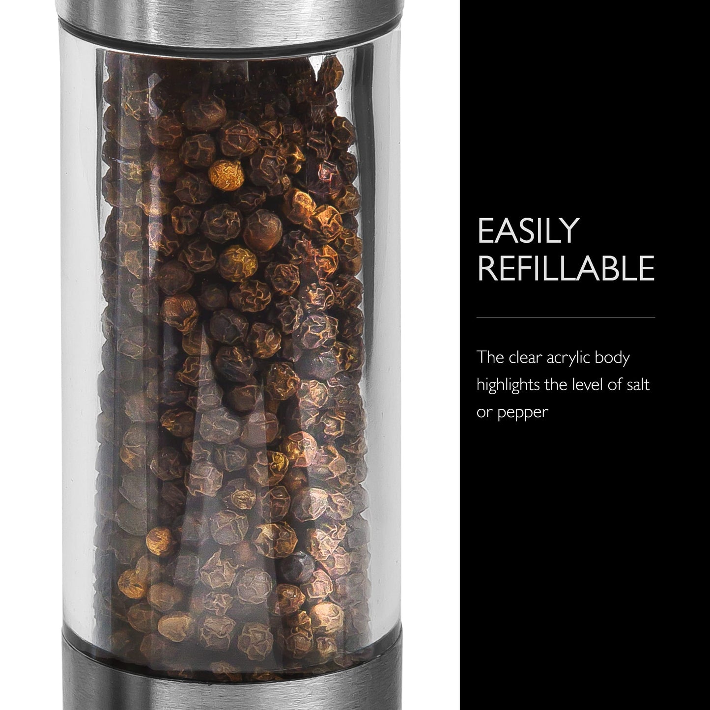 Cole & Mason Everyday Salt & Pepper Mill Gift Set - Filled Salt & Pepper Grinders - Refillable & Adjustable Mill Set - Acrylic & Stainless Steel Salt & Pepper Grinders - Hand Wash - Stainless Steel