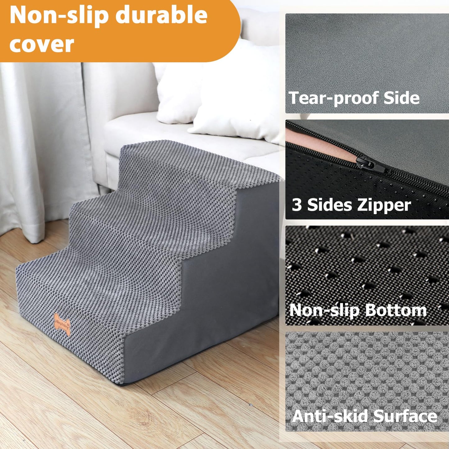 Nepfaivy Dog Steps Stairs for Bed - Non-Slip Pet Stairs for Small Dogs and Cats, 3-Steps Dog Ramp for Sofa with High Density Foam and Removable Cover, 45x40x34cm