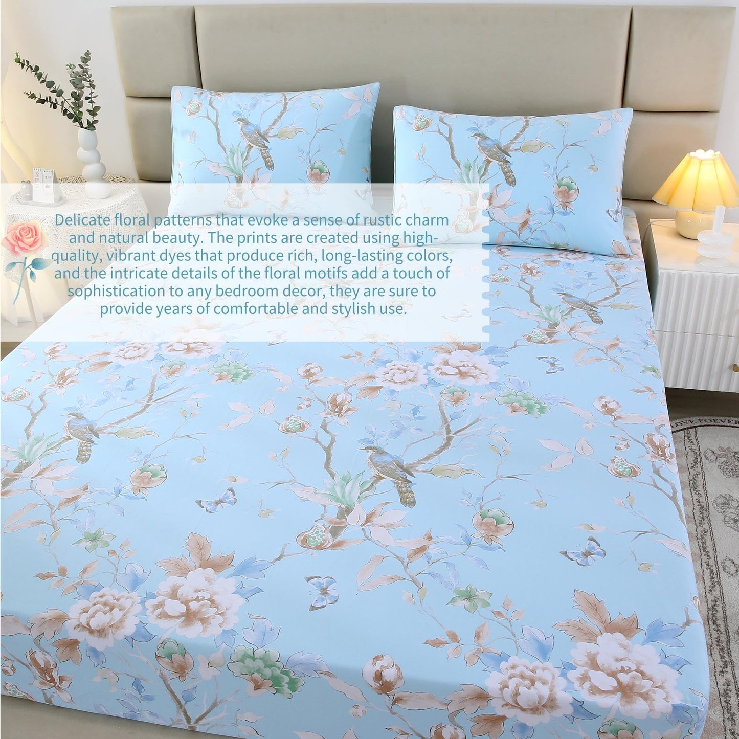 RYNGHIPY Egyptian Cotton Bed Sheet Set Blue Bird Botanical Pattern Bed Sheets Deep Pocket Fitted Sheet Tree Branches Print Bedding Soft Breathable (Light Blue,King Size)
