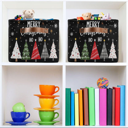 Merry Christmas Tree Black Storage Basket with Waterproof Liner and PU Handles Winter Snowflake Xmas Storage Bins Boxes 14.2" Collapsible Decorative Organizer Baskets for Bedroom Closet Office 1 Pack