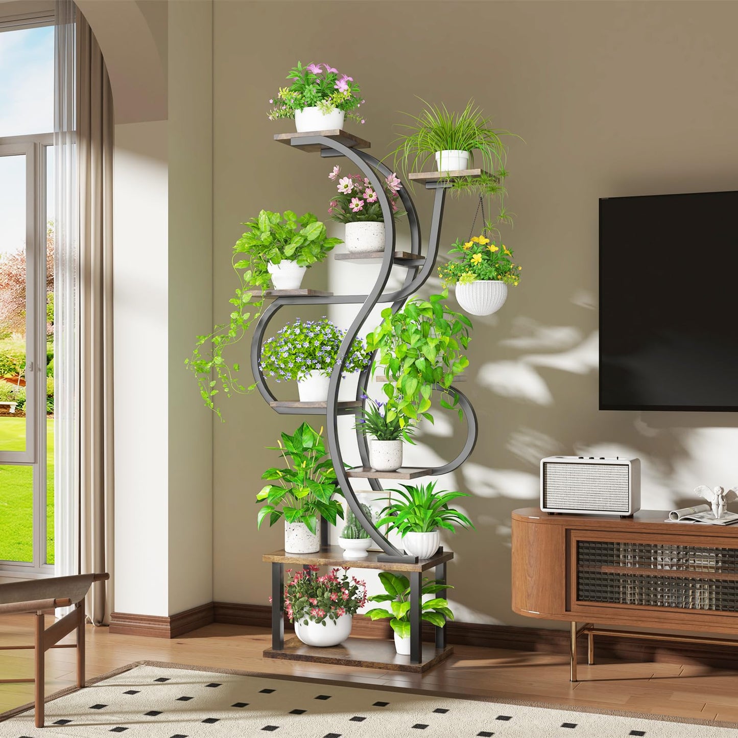 runjuly Plant Stand Indoor with Grow Light, 9 Tiered Indoor Plant Stand, 68" Tall Flower Stand Plant Shelf Indoor, Double S Shape Plant Holder, Versatile Plant Hanger for Living Room, Bedroom, Patio