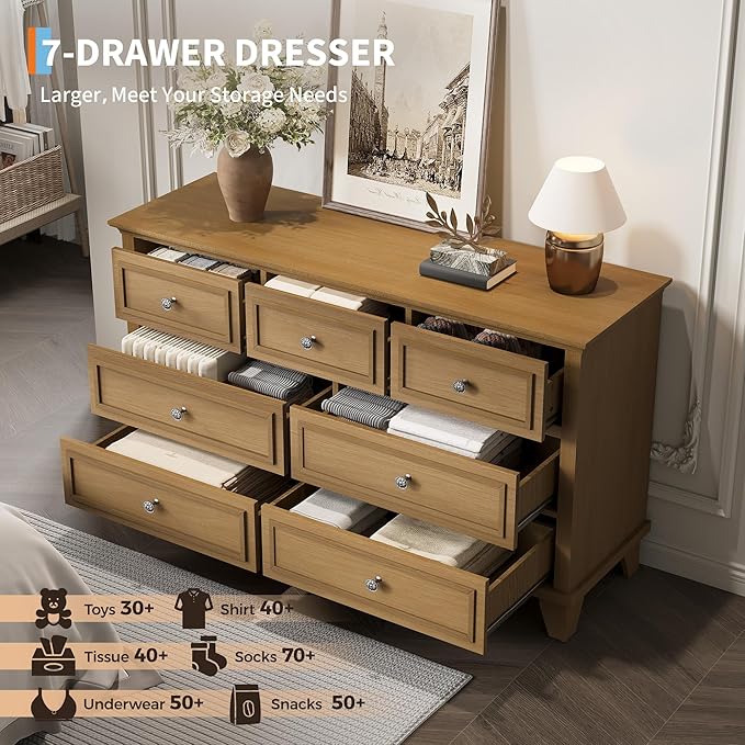 IDEALHOUSE 7 Drawer Dresser, Large Wooden Storage Chest of Drawers