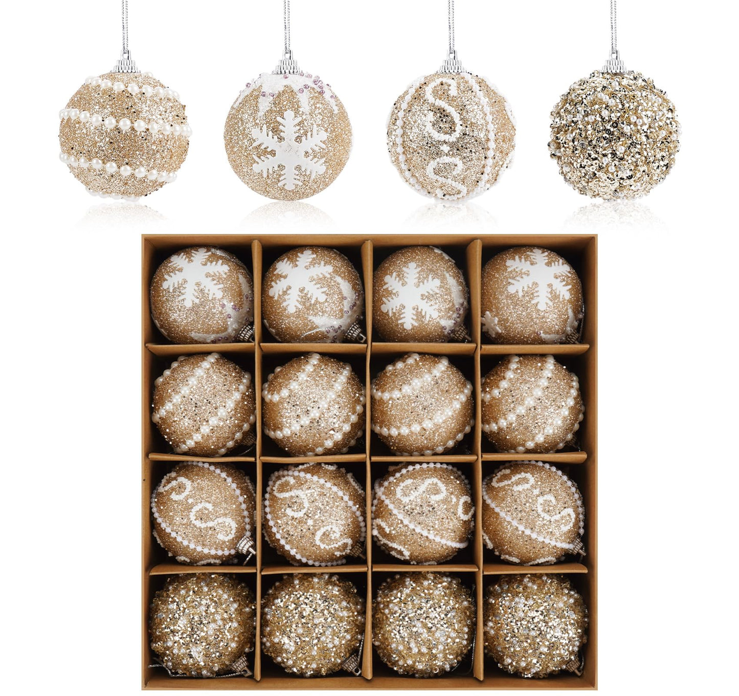 16 Pcs Champagne Christmas Ornaments, Shatterproof Christmas Tree Balls with Pearl Sequin, Hanging Xmas Balls Ornaments Set for Holiday Party Wedding Decorations (2.4"/60mm)