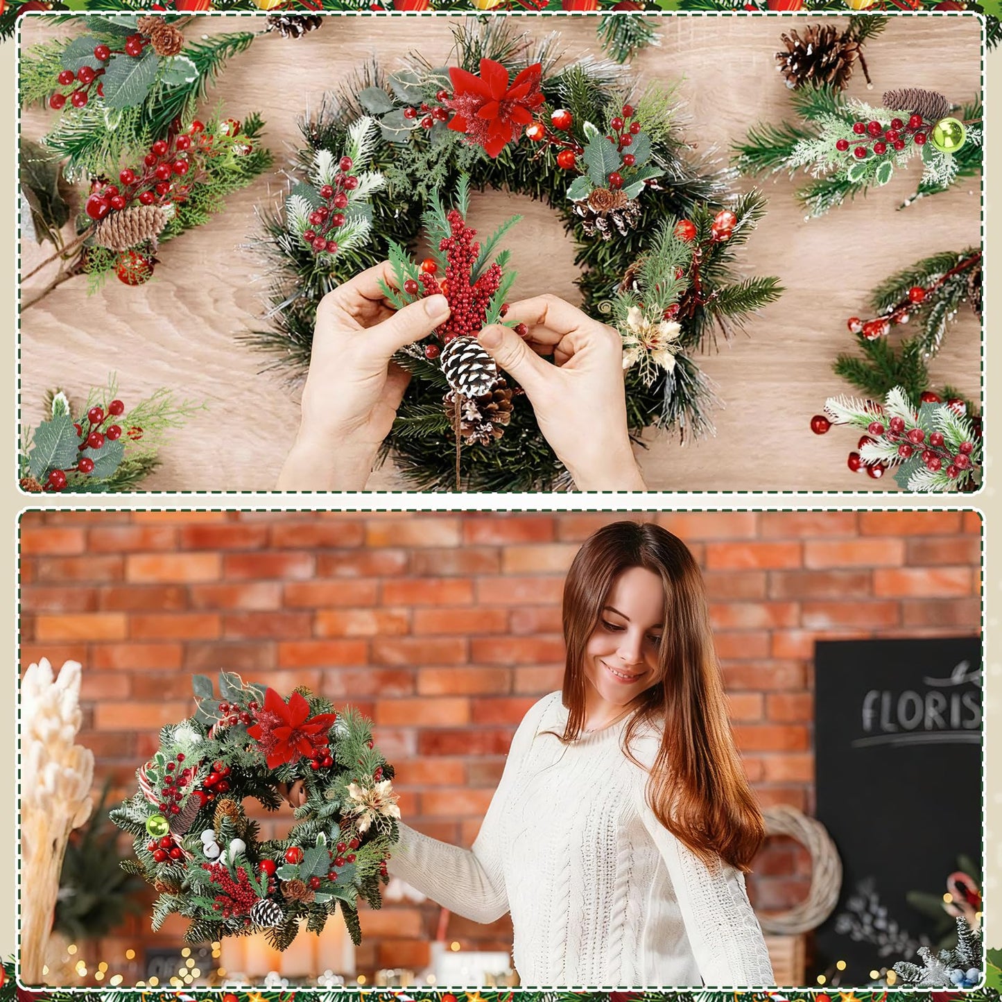 HNGWLYN Artificial Christmas Picks 8 Pack Red Berries Stems Evergreen Faux Pine Branches Christmas Picks Spray Pine Cones Holly Leaves for Winter Holiday DIY Craft Garland Wreath Ornament