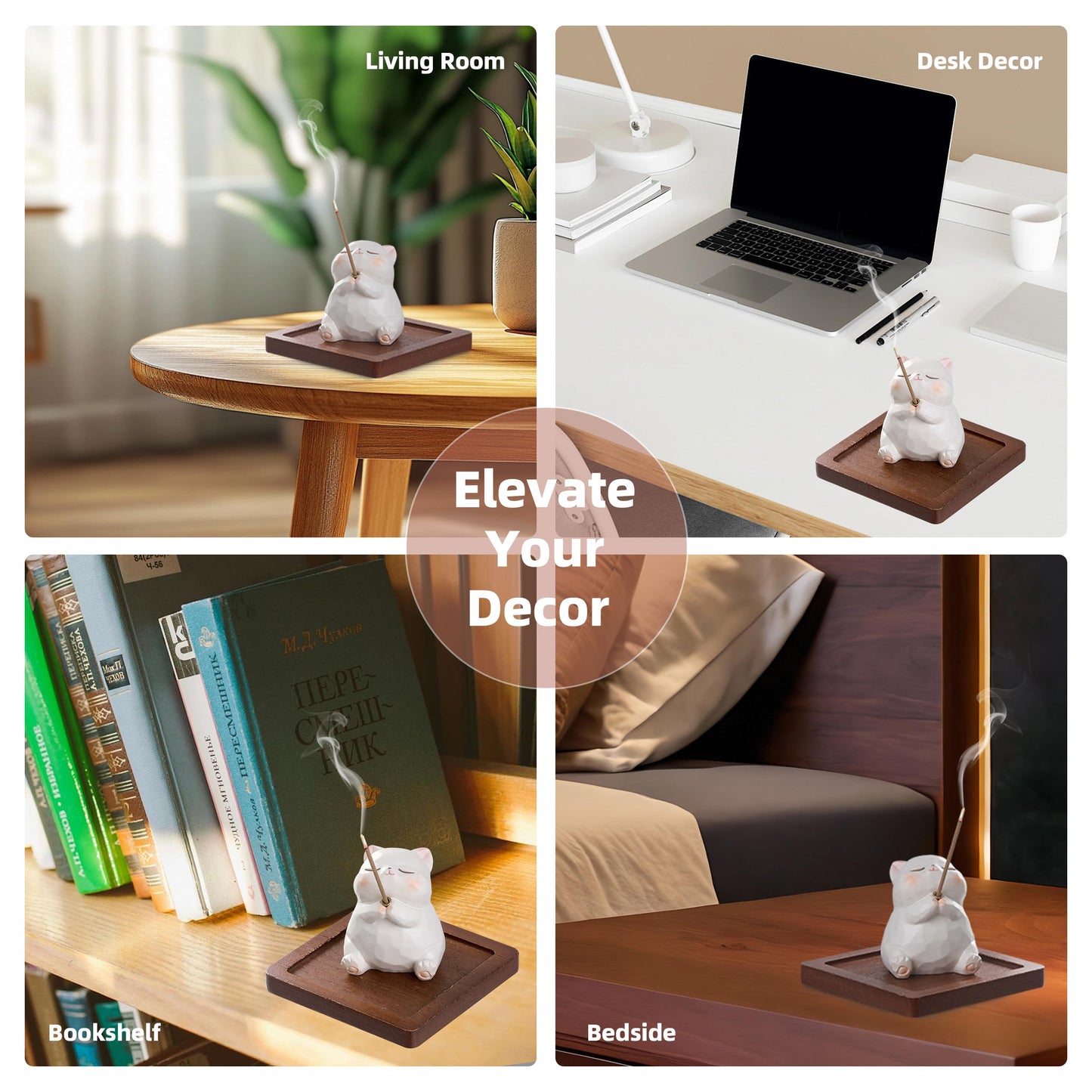 Lionpower Incense Holder for Sticks with Burner & Ash Catcher - Resin Cat, Wooden Tray, 10 Incense Sticks for Meditation Yoga Spa, Cute Home Decor Room Accessories (Cat)