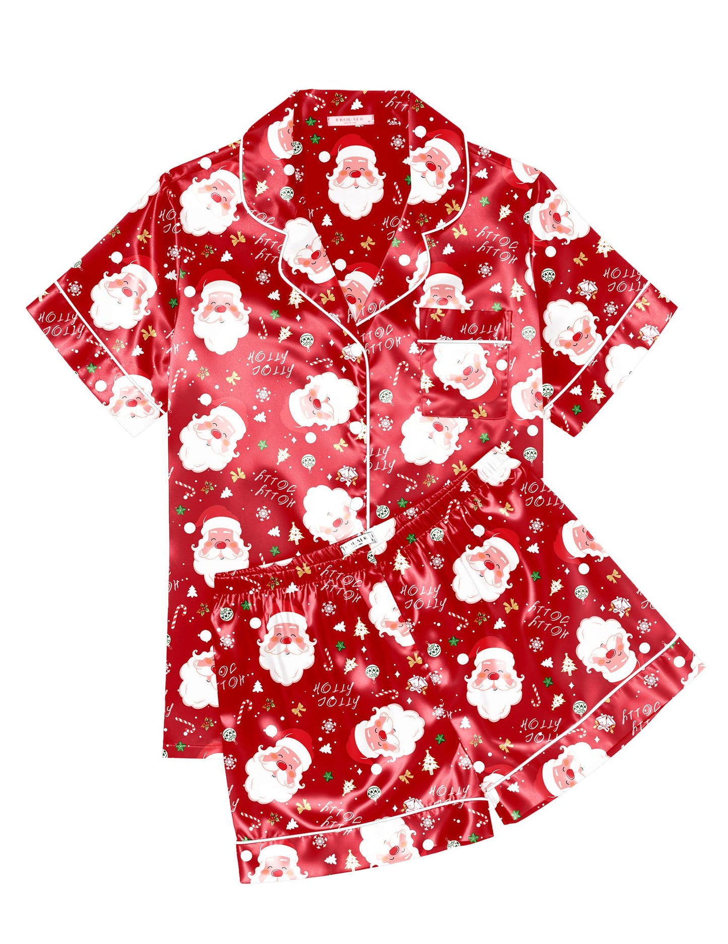 Ekouaer Womens Silk Satin Pajama Sets Soft Short Sleeve Button Down Sleepwear Top and Shorts 2 Piece Pjs Lounge Set,Christmas Red,XXL