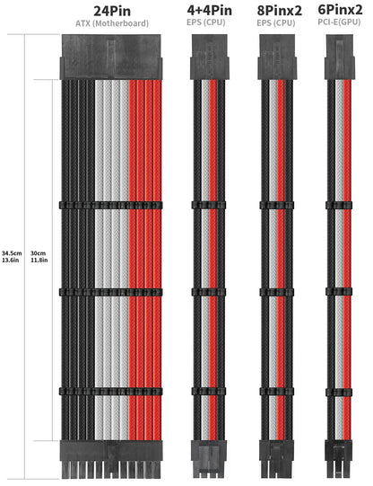 upHere Sleeve Extension Power Supply Cable Kit, Power Supply with Extra-Sleeved 24-PIN 8-PIN 6-PIN 4+4 PIN-Red/White/Black with Cable Combs(11.8 inch/ 30CM)