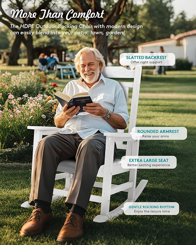 SERWALL Outdoor Rocking Chair Set of 6, Patio Rocking Chair Sets, HDPE Rocking Chair for Adults, White
