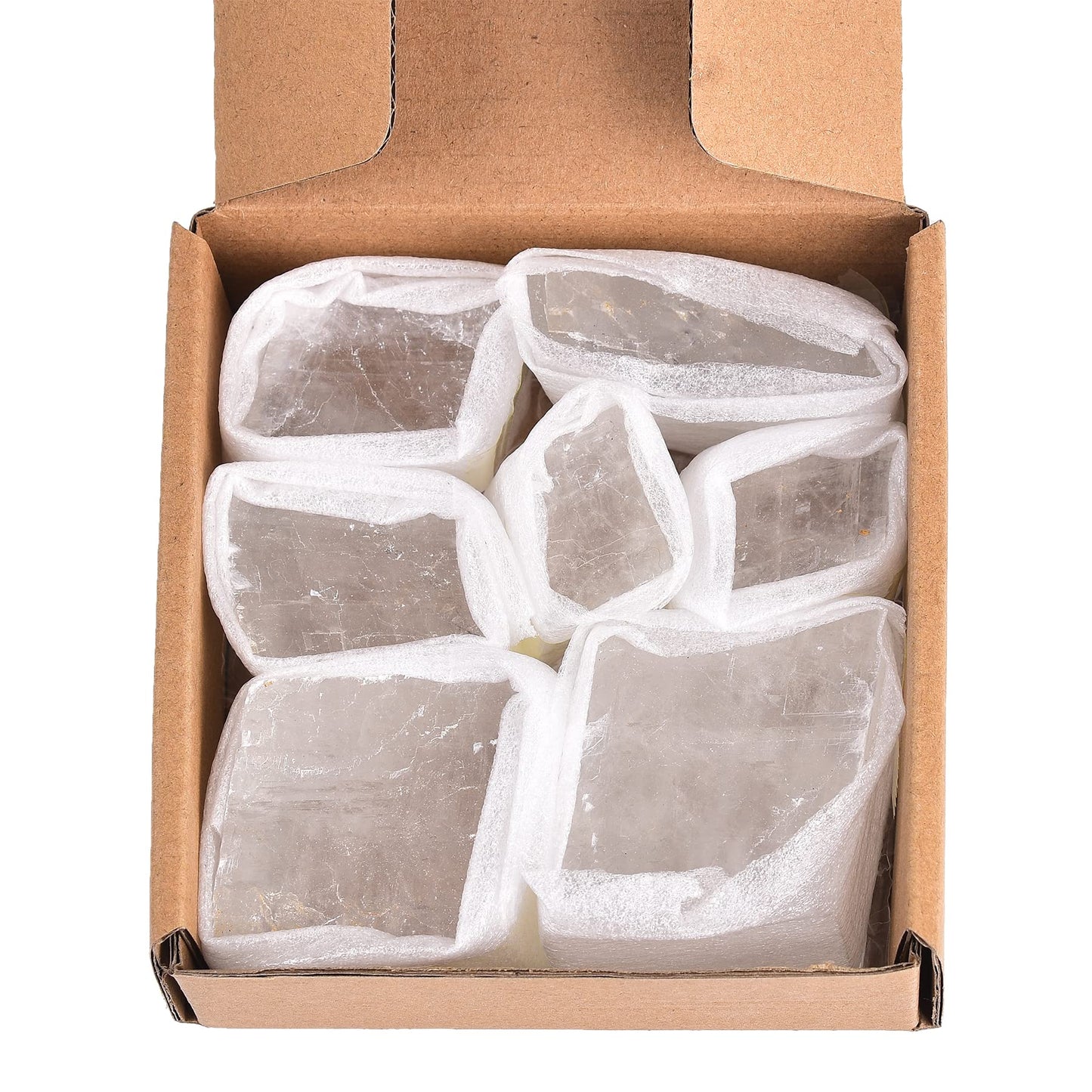 AMOYSTONE 1Lb Bulk Optical Calcite Iceland Spar in Box 7-8 Pcs Irregular White Crystals Rough Stones Raw Crystal Reiki Stone for Home Decor