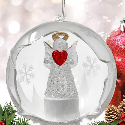 Angel with Red Heart Lighted Christmas Ball Ornaments - Hand Painted Glittery Snowflakes - Color Changing - 4 Hour Timer - 4" Diameter