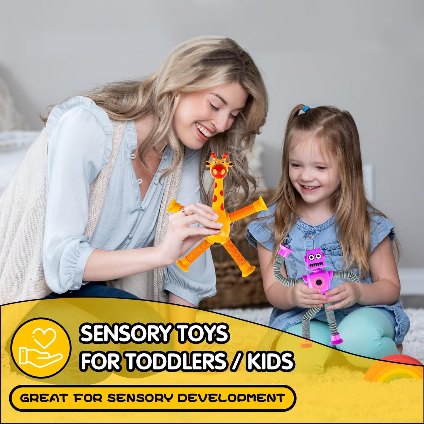 Robot Sensory Travel Toys 4Pcs for Toddlers Kid Boy Year Old Ages 3 4 5 6 7 8 9, Airplane Activities Suction Autism Pop Tube Fidget Toys Autistic Stocking Easter Basket Stuffer Valentine Gift for Kids